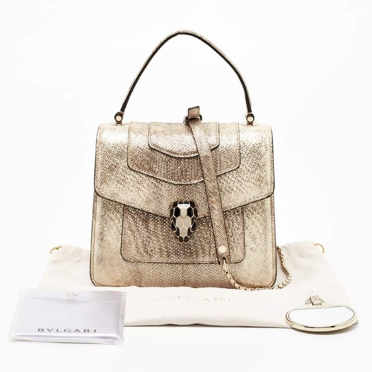 Pre Owned Bvlgari Metallic Gold/Light Beige Karung Leather Small Serpenti Forever Top Handle Bag