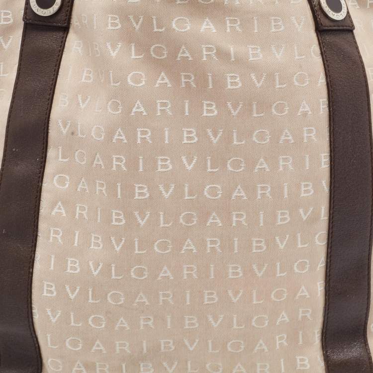 Pre Owned Bvlgari Beige/Brown Logo Mania Canvas and Leather Tote