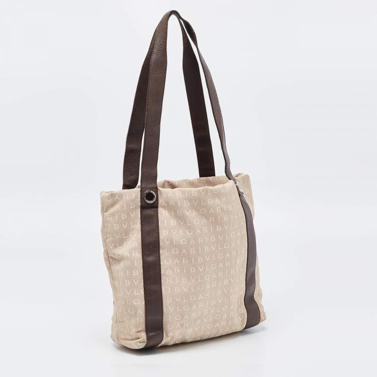 Pre Owned Bvlgari Beige/Brown Logo Mania Canvas and Leather Tote