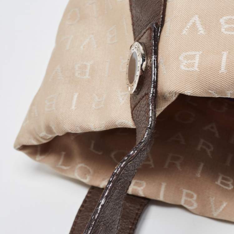 Pre Owned Bvlgari Beige/Brown Logo Mania Canvas and Leather Tote
