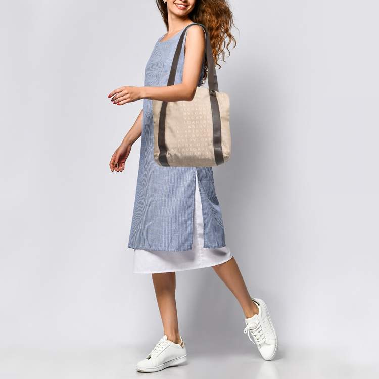 Pre Owned Bvlgari Beige/Brown Logo Mania Canvas and Leather Tote