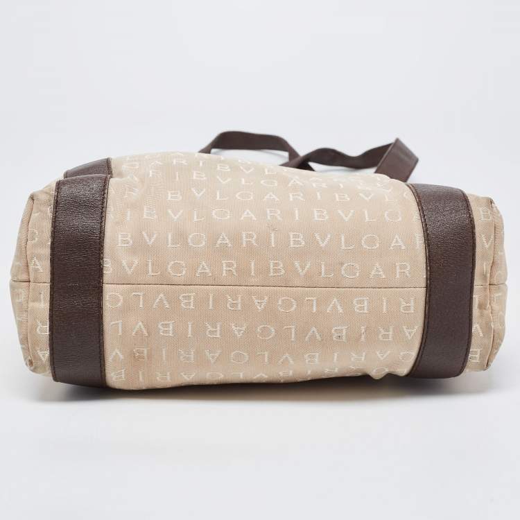 Pre Owned Bvlgari Beige/Brown Logo Mania Canvas and Leather Tote