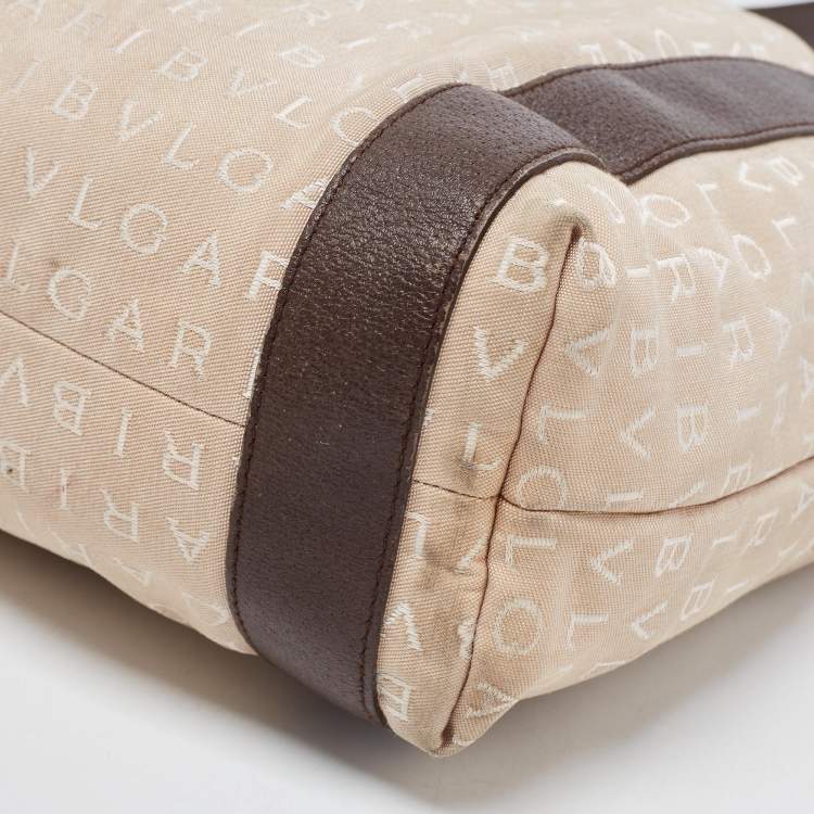 Pre Owned Bvlgari Beige/Brown Logo Mania Canvas and Leather Tote