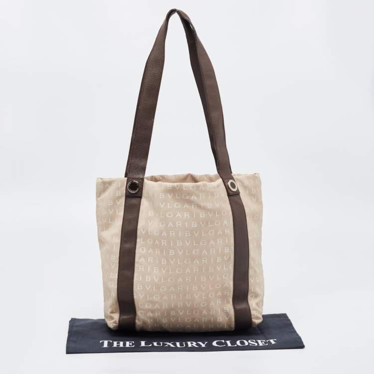 Pre Owned Bvlgari Beige/Brown Logo Mania Canvas and Leather Tote