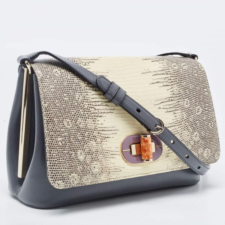 Pre Owned Bvlgari Beige/Grey Lizard Skin And Leather Icona Shoulder Bag