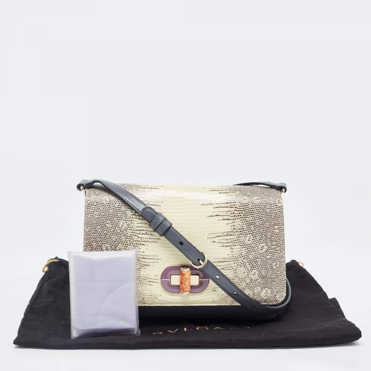Pre Owned Bvlgari Beige/Grey Lizard Skin And Leather Icona Shoulder Bag