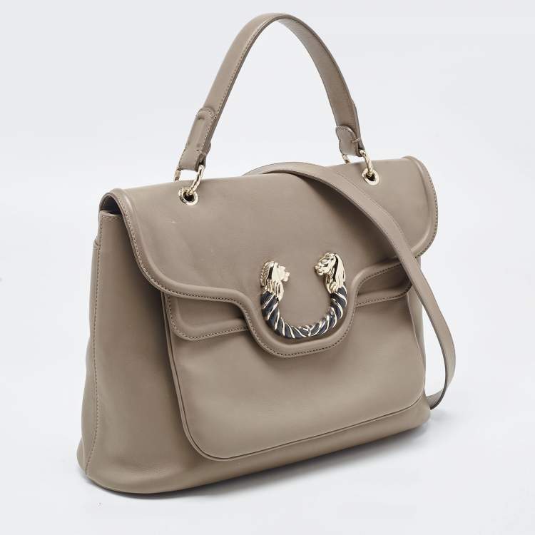 Pre Owned Bvlgari Khaki Green Leather Leoni Top Handle Bag