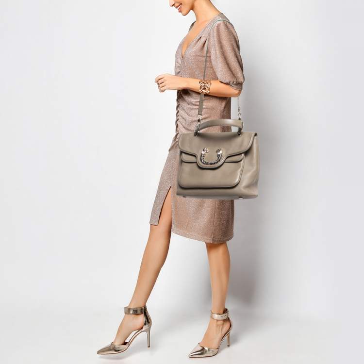 Pre Owned Bvlgari Khaki Green Leather Leoni Top Handle Bag