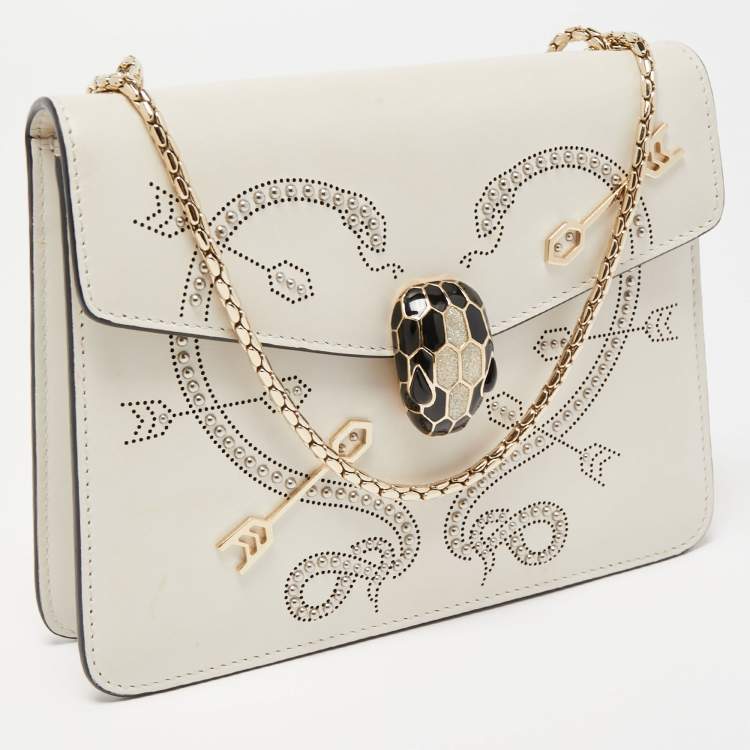 Pre Owned Bvlgari Off White Leather Studded Small Serpenti Forever Shoulder Bag
