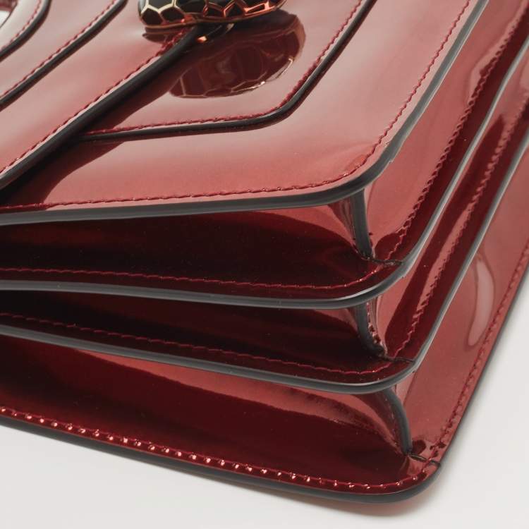 Pre Owned Bvlgari Red Patent Leather Serpenti Forever Flap Top Handle Bag