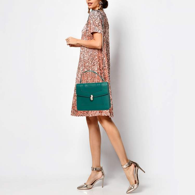Pre Owned Bvlgari Green Malachite Leather Serpenti Forever Top Handle Bag