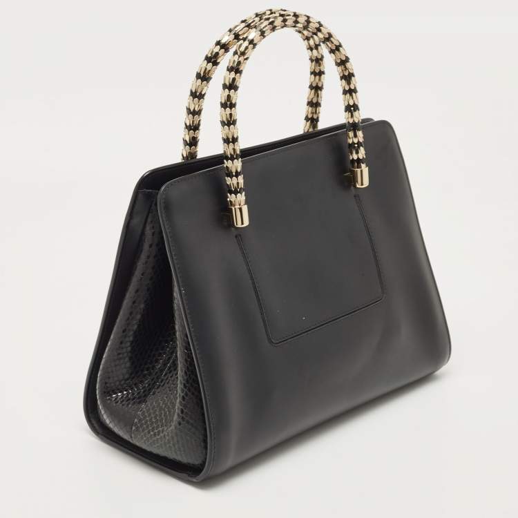 Pre Owned Bvlgari Black Leather and Snakeskin Serpenti Scaglie Tote