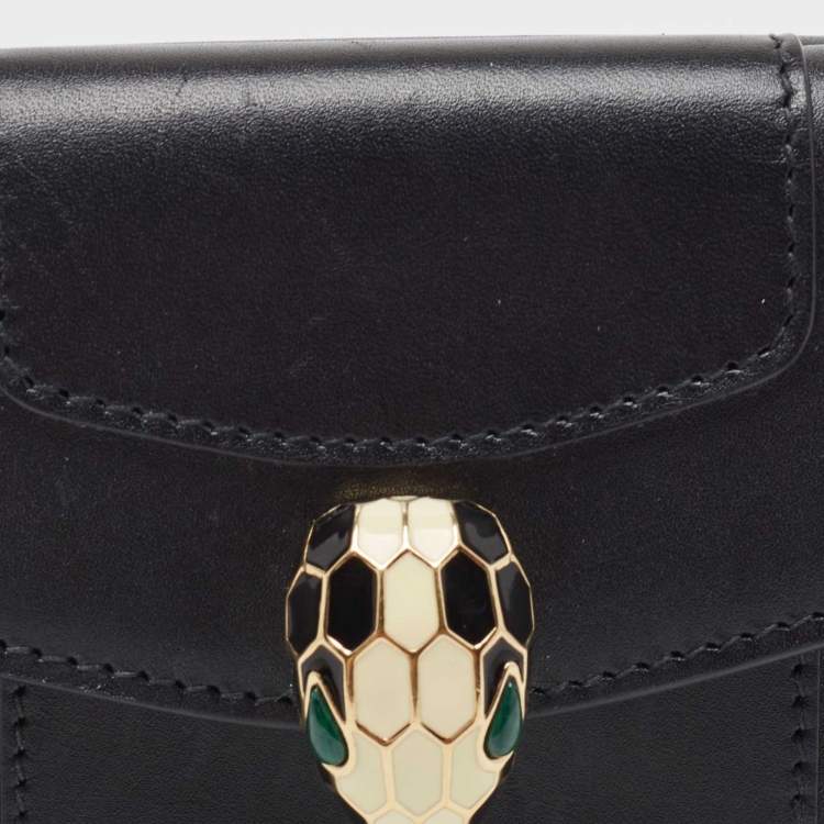 Pre Owned Bvlgari Black Leather Serpenti Forever Double Flap Compact Wallet