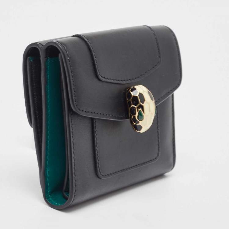 Pre Owned Bvlgari Black Leather Serpenti Forever Double Flap Compact Wallet