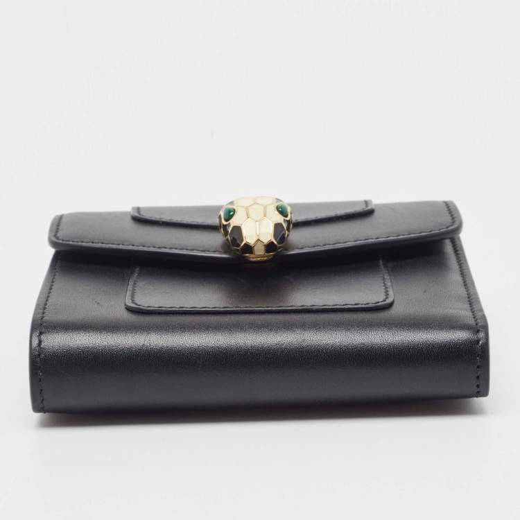 Pre Owned Bvlgari Black Leather Serpenti Forever Double Flap Compact Wallet
