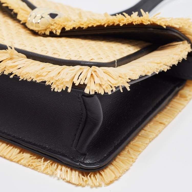 Pre Owned Bvlgari Cream/Black Raffia and Leather Mini Serpenti Forever Crossbody Bag