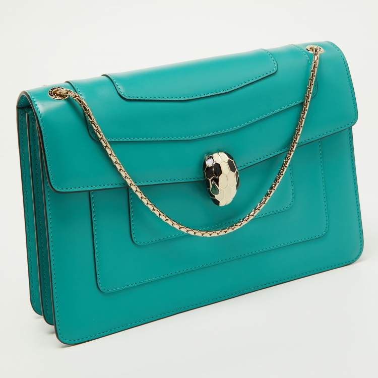 Pre Owned Bvlgari Green Leather Medium Serpenti Forever Flap Shoulder Bag