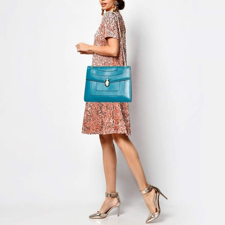 Pre Owned Bvlgari Turquoise Blue Leather Large Serpenti Forever Shoulder Bag