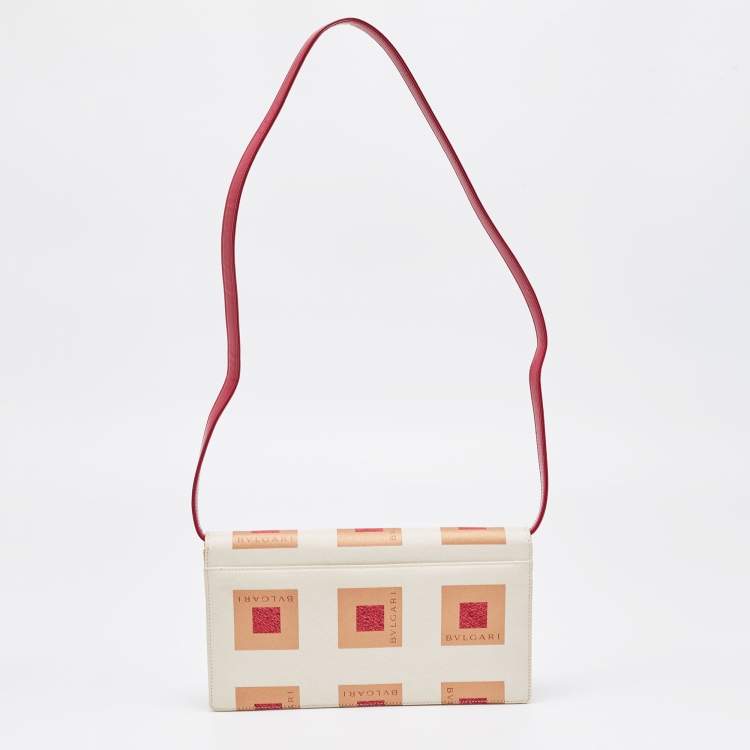 Pre Owned Bvlgari Burgundy/White Printed Fabric and Leather Flap Baguette Bag