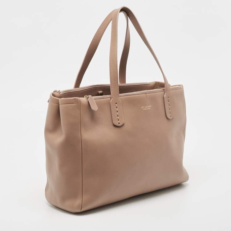 Pre Owned Bvlgari Light Brown Leather Double Zip Tote
