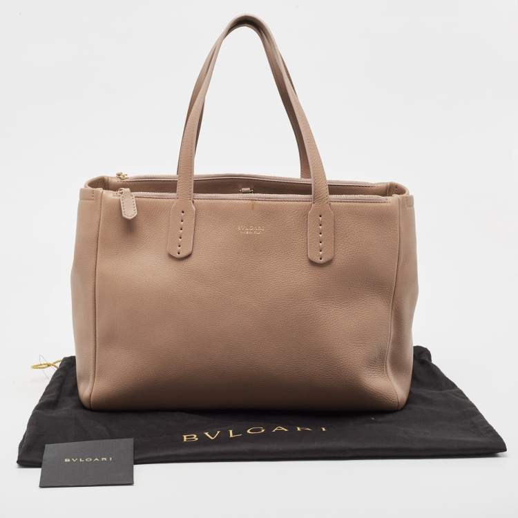 Pre Owned Bvlgari Light Brown Leather Double Zip Tote