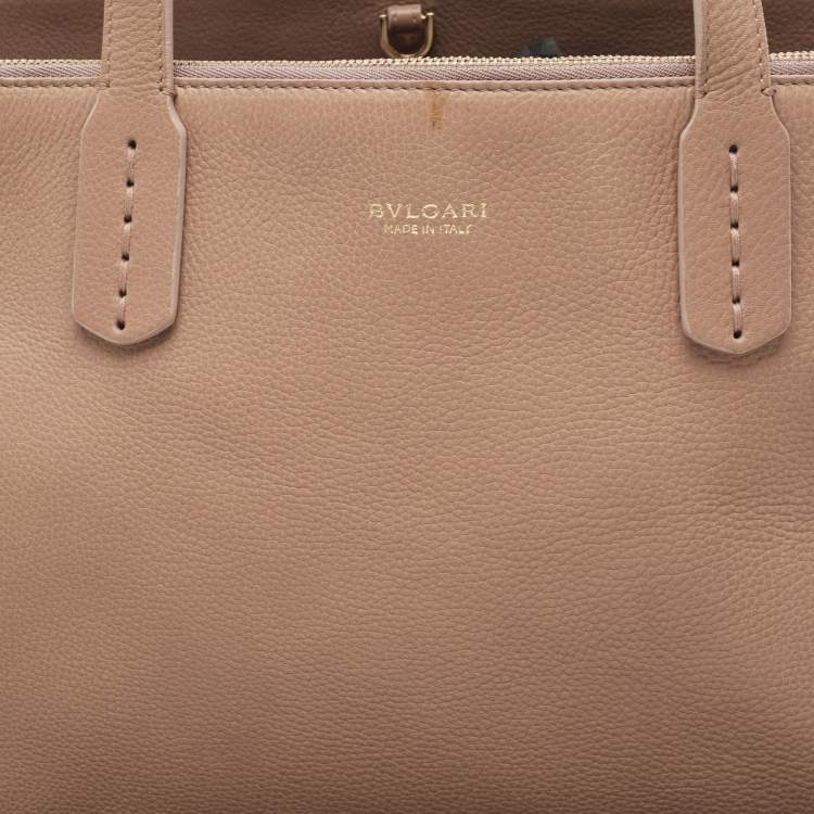 Pre Owned Bvlgari Light Brown Leather Double Zip Tote
