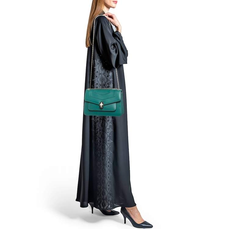 Pre Owned Bvlgari Green Leather Medium Serpenti Forever Flap Shoulder Bag