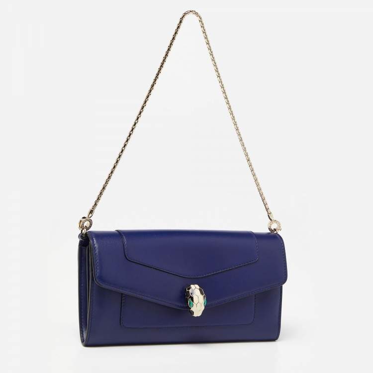 Pre Owned Bvlgari Blue Leather Serpenti Forever Flap Wallet on Chain