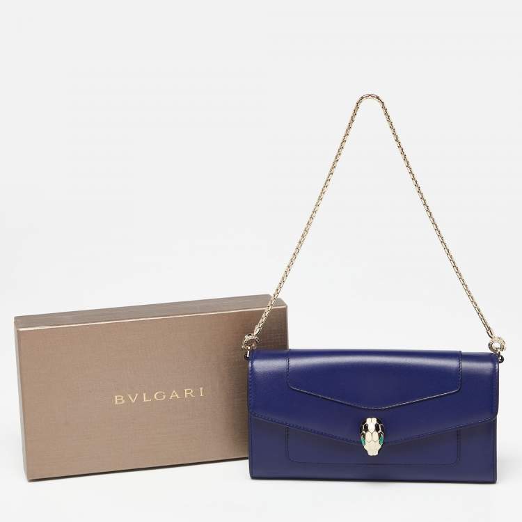 Pre Owned Bvlgari Blue Leather Serpenti Forever Flap Wallet on Chain