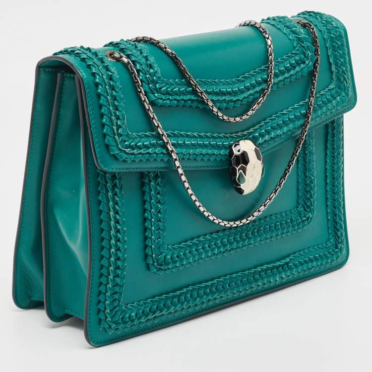 Pre Owned Bvlgari Green Leather Large Ruffled Serpenti Forever Shoulder Bag
