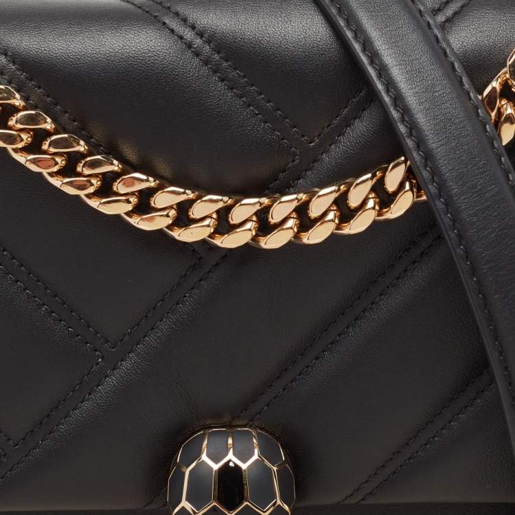 Pre Owned Bvlgari Black Quilted Leather Small Serpenti Cabochon Shoulder Bag
