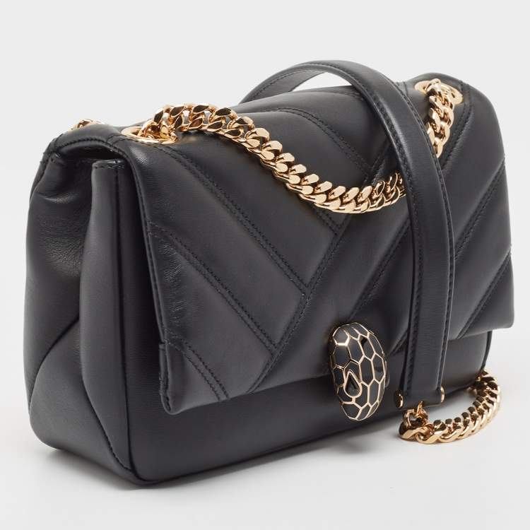 Pre Owned Bvlgari Black Quilted Leather Small Serpenti Cabochon Shoulder Bag