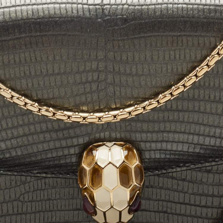 Pre Owned Bvlgari Grey Karung Leather Medium Serpenti Forever Flap Shoulder Bag