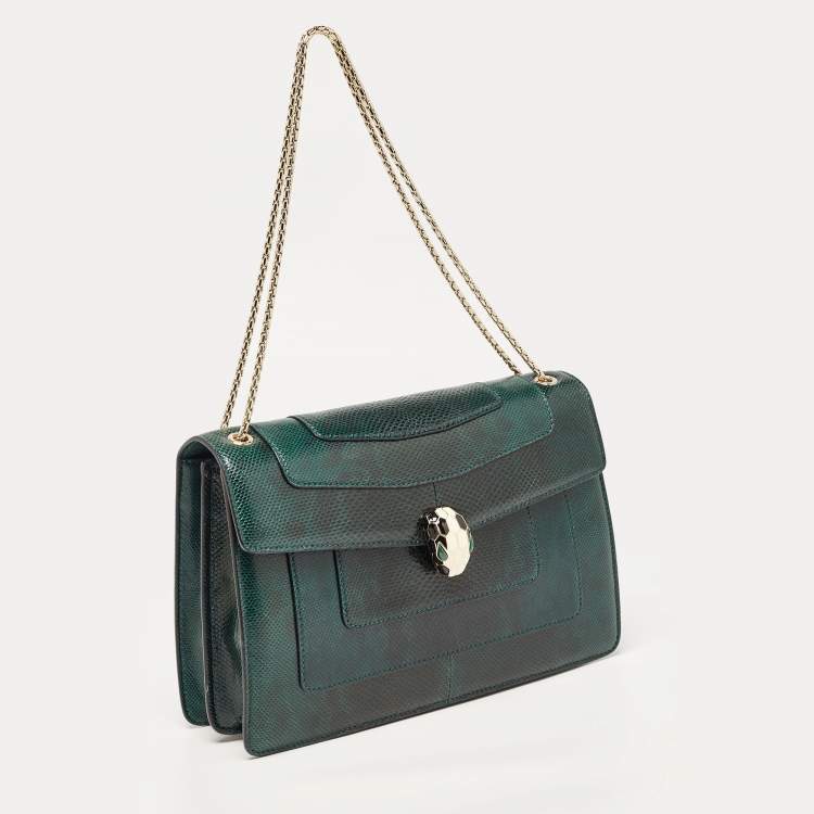 Pre Owned Bvlgari Green Karung Leather Medium Serpenti Forever Flap Shoulder Bag