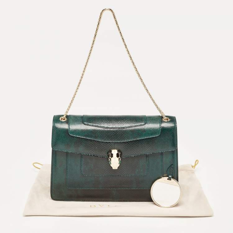 Pre Owned Bvlgari Green Karung Leather Medium Serpenti Forever Flap Shoulder Bag