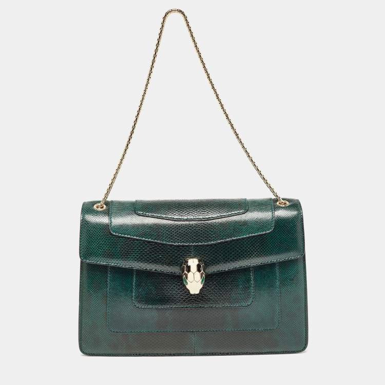 Pre Owned Bvlgari Green Karung Leather Medium Serpenti Forever Flap Shoulder Bag