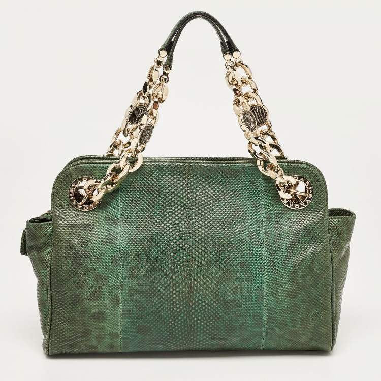 Pre Owned Bvlgari Green/Black Karung Leather Monete Chain Bag