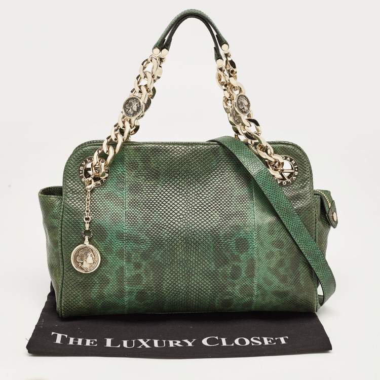 Pre Owned Bvlgari Green/Black Karung Leather Monete Chain Bag