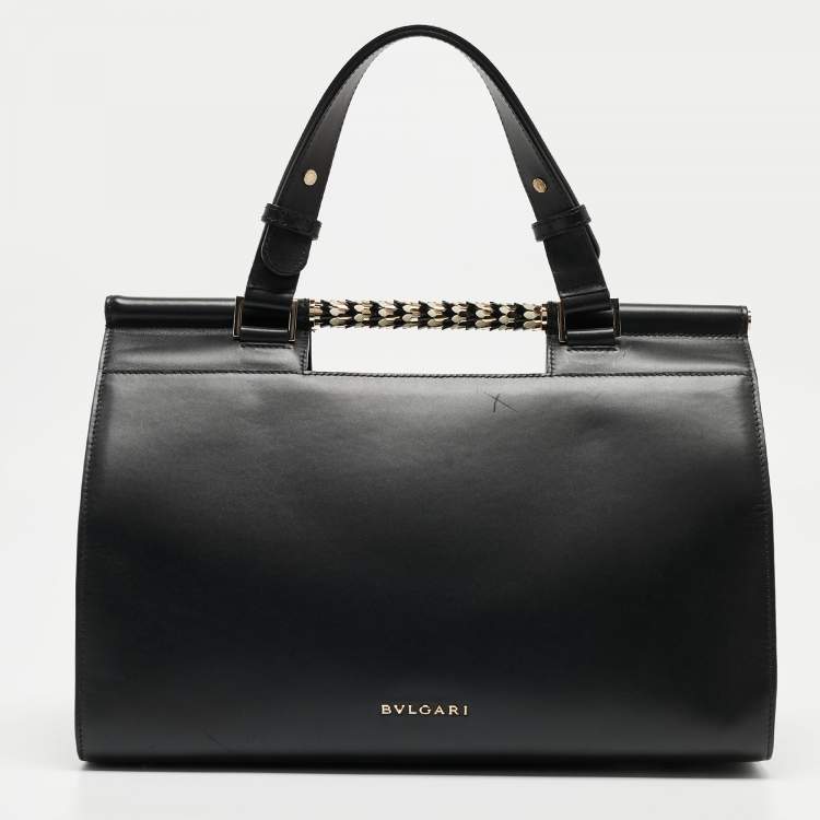 Pre Owned Bvlgari Black Leather and Leopard Print Calfhair Scaglie Serpenti Tote