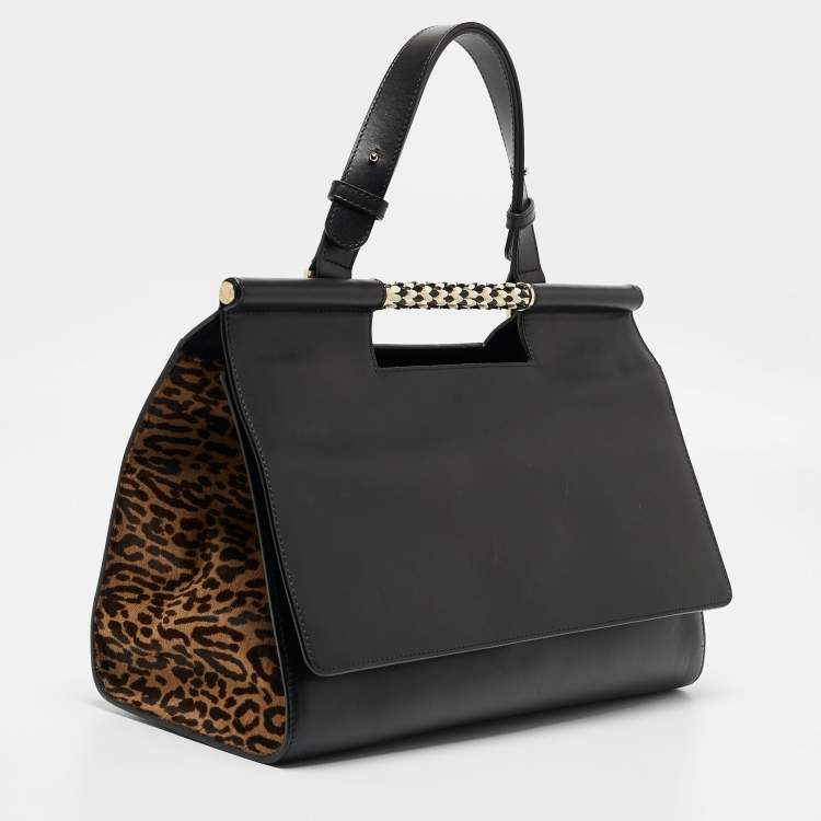 Pre Owned Bvlgari Black Leather and Leopard Print Calfhair Scaglie Serpenti Tote
