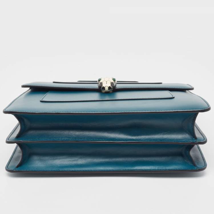 Pre Owned Bvlgari Teal Blue Leather Medium Serpenti Forever Top Handle Bag