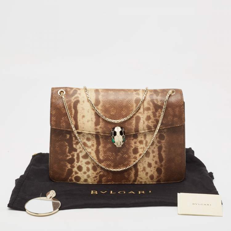 Pre Owned Bvlgari Beige Karung Leather Medium Serpenti Forever Flap Shoulder Bag