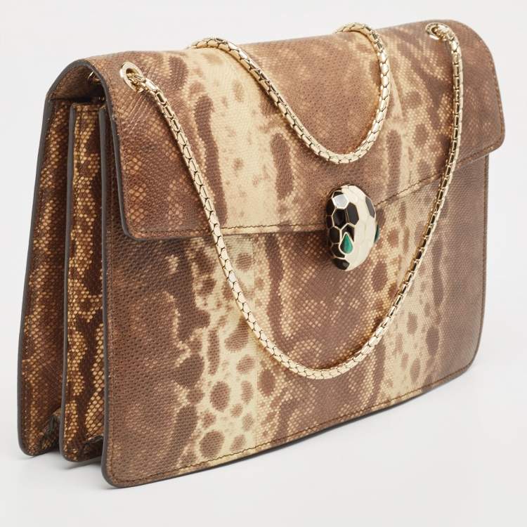 Pre Owned Bvlgari Beige Karung Leather Medium Serpenti Forever Flap Shoulder Bag