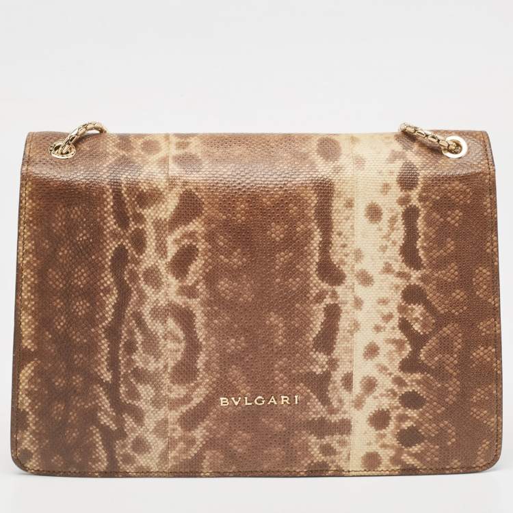Pre Owned Bvlgari Beige Karung Leather Medium Serpenti Forever Flap Shoulder Bag
