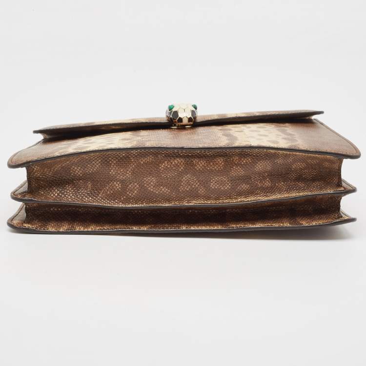 Pre Owned Bvlgari Beige Karung Leather Medium Serpenti Forever Flap Shoulder Bag
