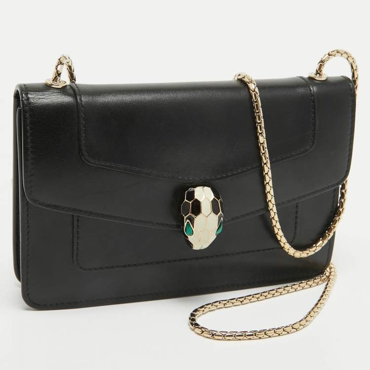 Pre Owned Bvlgari Black Leather Serpenti Forever Wallet on Chain