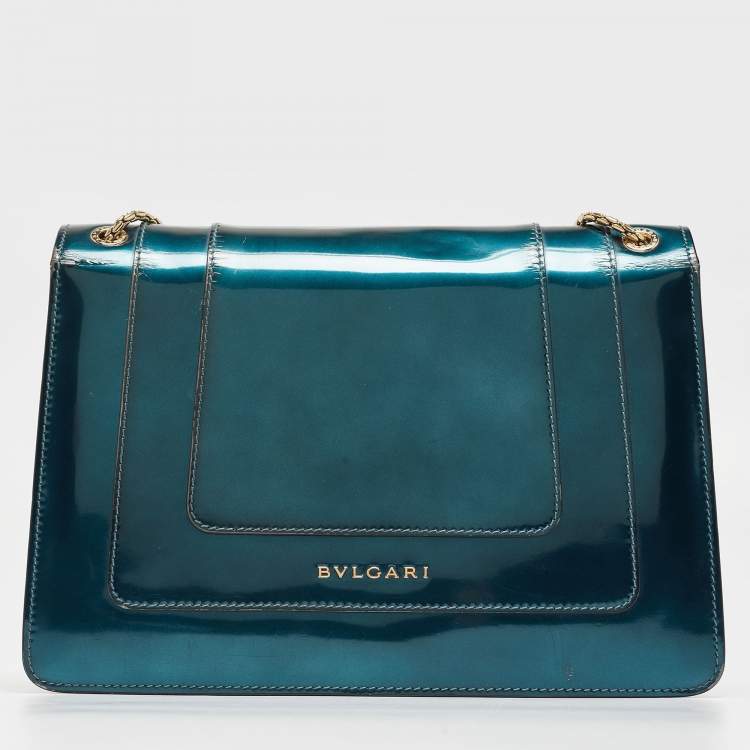 Pre Owned Bvlgari Green Patent Leather Medium Serpenti Forever Flap Shoulder Bag