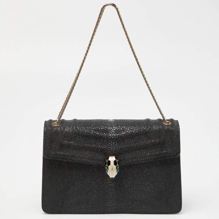 Pre Owned Bvlgari Grey/Black Stingray and Leather Medium Serpenti Forever Shoulder Bag