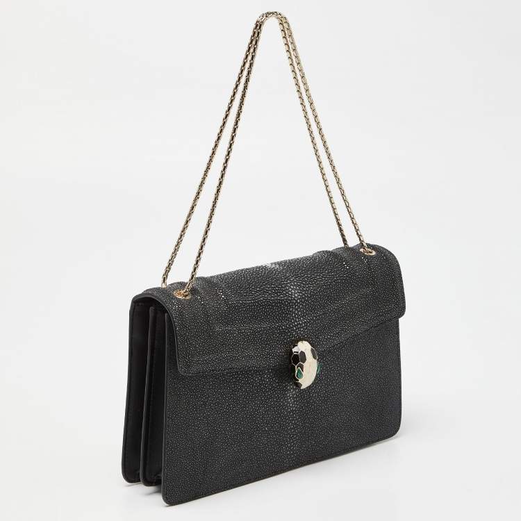 Pre Owned Bvlgari Grey/Black Stingray and Leather Medium Serpenti Forever Shoulder Bag