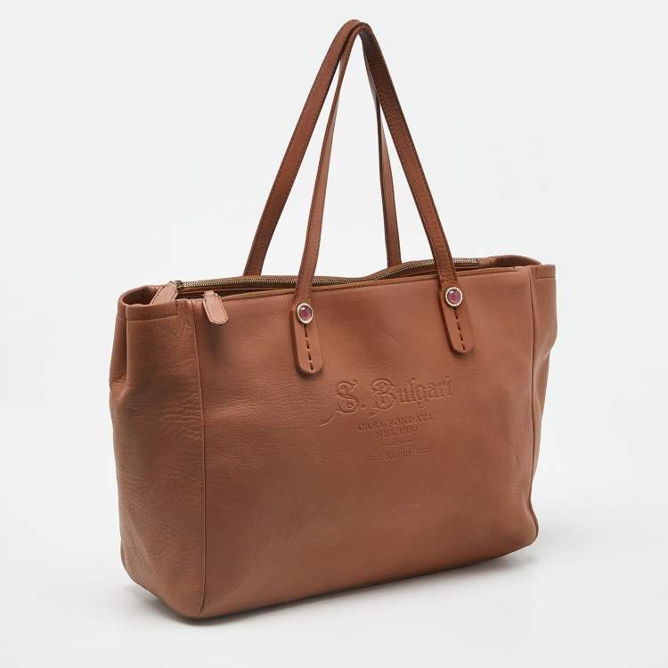 Pre Owned Bvlgari Brown Leather Double Zip Shopper Tote